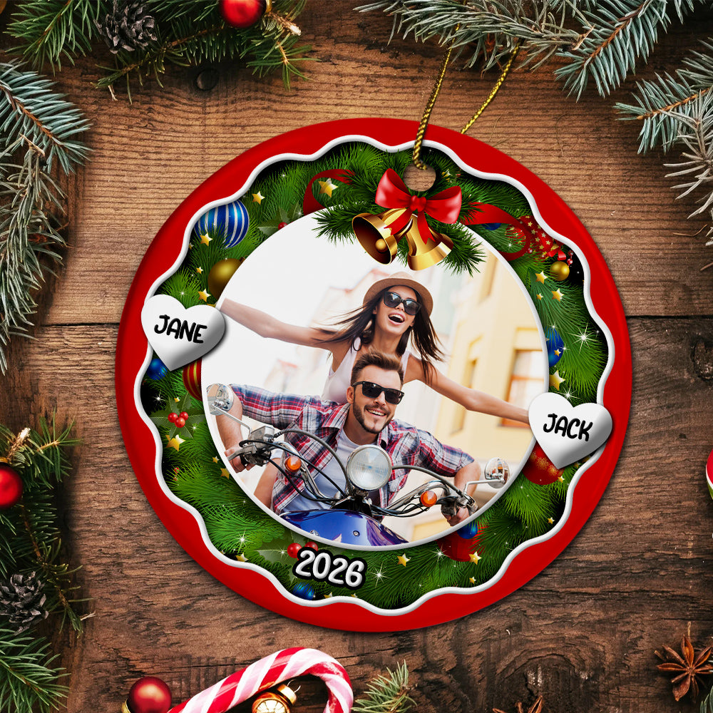 Xmas Frame Custom Photo Couple Cute With Name & Year, Partner Milestone Keepsake, Custom Photo Holiday Tree Hanging, Motorcycle Couple Christmas Decor, Personalized Christmas Idea Gifts