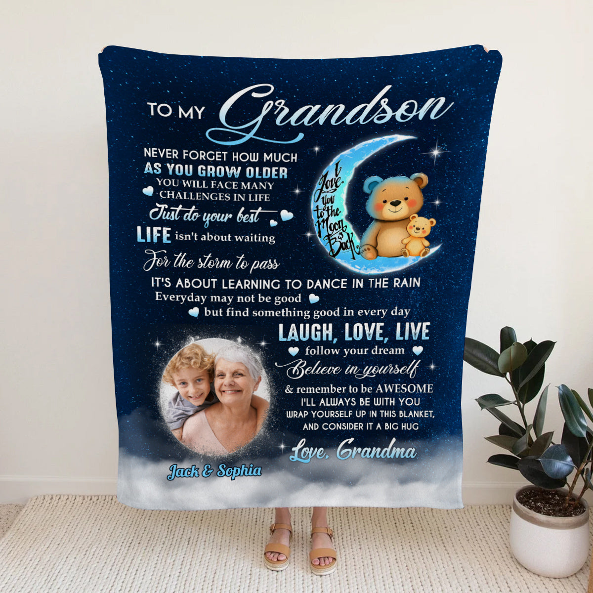 Grandsons Gifts, As You Grow Older You Will Face Many Challenges In Life Bear And Photo, Personalized Blanket, Gifts For Grandson From Grandma,Fleece Sherpa Blanket, Gifts For Christmas