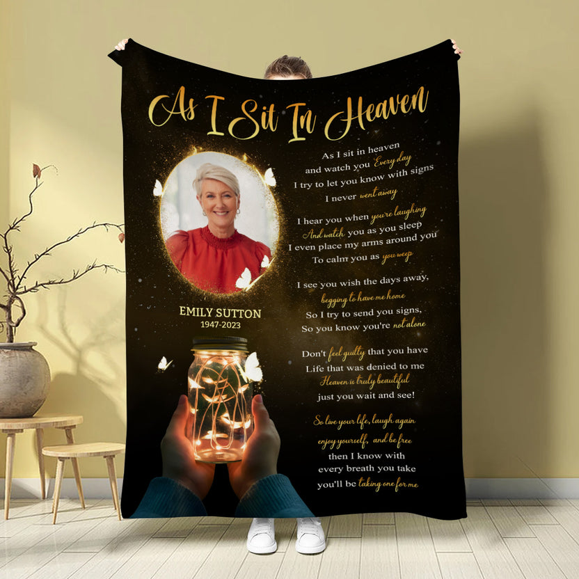 Sympathy Gifts, Personalized Blanket With Photo, Personalized Memorial Blanket, Comfort Verse About Watching Over Loved Ones, Memorial Verse With Butterflies And Light Jar, Loss Of Love