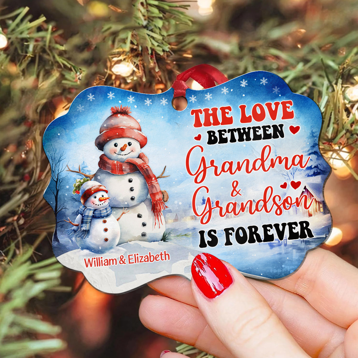 Grandma Gifts, Cute Xmas Winter The Love Between Grandma & Grandson Is Forever, Personalized Ornament, Gifts For Gigi From Grandkids, Xmas Tree Hanging Medallion Aluminum Ornament