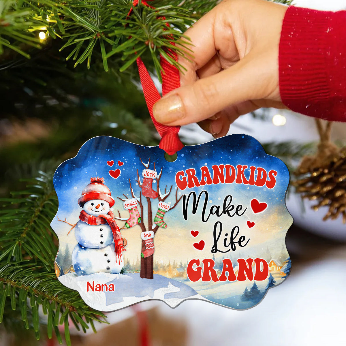 Gifts For Grandma, Cute Stocking In Xmas Tree Grandkids Make Life Grand, Personalized Christmas Ornament, Gifts For Gigi From Grandkids, Xmas Tree Hanging Medallion Aluminum Ornament
