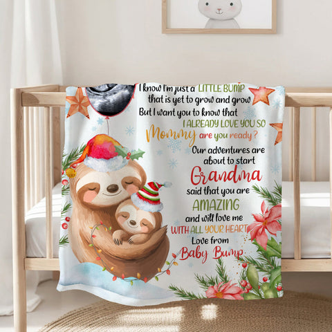 Personalized Sloth Pregnancy Announcement Fleece Sherpa Blanket, Ultrasound Baby Bump Gifts For New Mom New Dad, Meaningful Baby Reveal Keepsake, Expecting Parents Christmas Presents