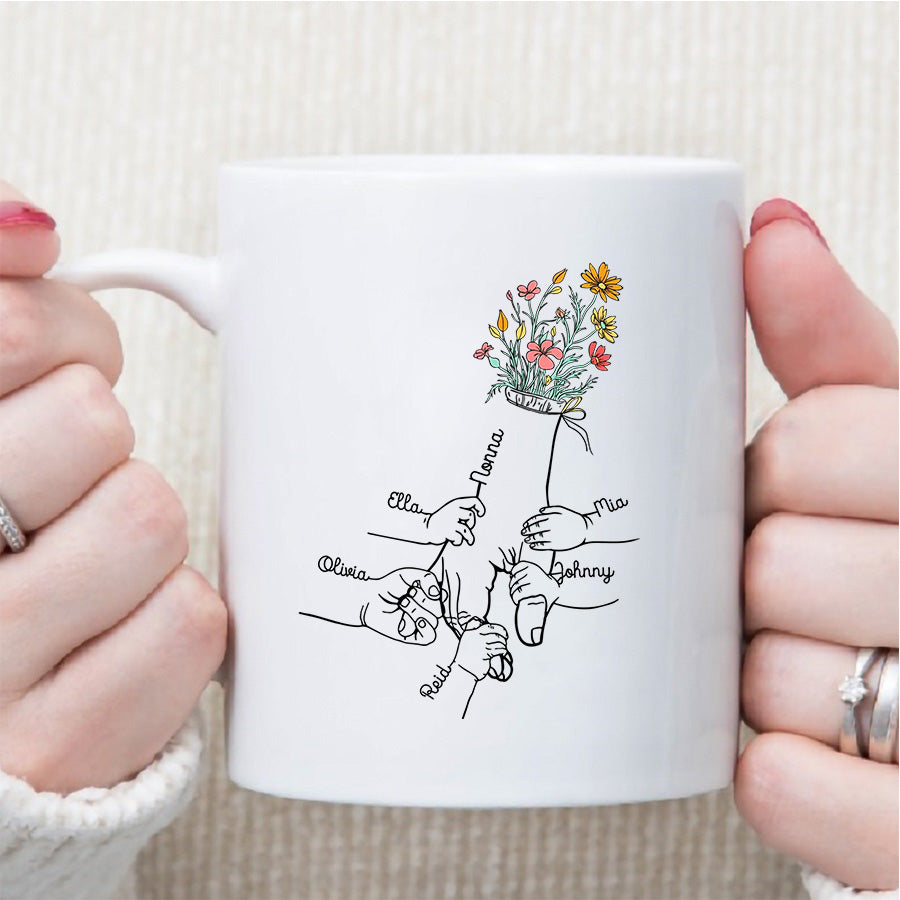 Grandma Gifts, Holding Mom's Hand Floral Mug Little Hands Kids Grandkids Holding Mom Nana Hand, Personalized Coffee Mug, Gifts For Nana From Grandson, 11 15oz, Gifts For Mother's Day