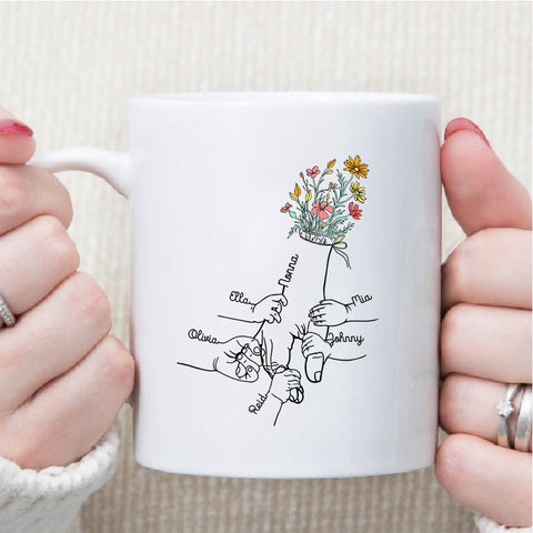 Grandma Gifts, Holding Mom's Hand Floral Mug Little Hands Kids Grandkids Holding Mom Nana Hand, Personalized Coffee Mug, Gifts For Nana From Grandson, 11 15oz, Gifts For Mother's Day
