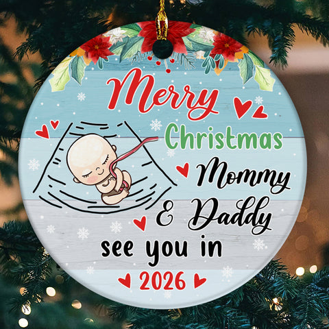 Mom To Be Gifts, Merry Christmas As Mommy & Daddy Sleeping Baby Bump, Custom Baby Announcement Circle Ornament, Holiday Decor, Maternity Circle Ornament Gifts For New Mommy