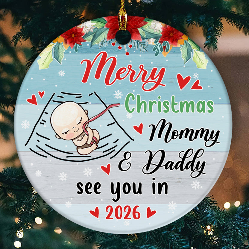 Mom To Be Gifts, Merry Christmas As Mommy & Daddy Sleeping Baby Bump, Custom Baby Announcement Circle Ornament, Holiday Decor, Maternity Circle Ornament Gifts For New Mommy