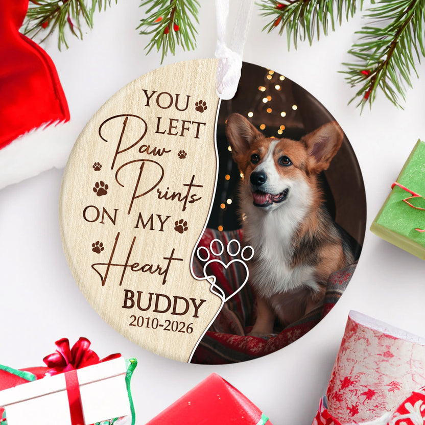 You Left Paw Prints On My Heart Vintage With Pawprint, Dog Remembrance Ornament, Pet Loss Memorial Keepsake, Custom Remembrance Decor, Tree Decor, Personalized Pet Memorial Ornament