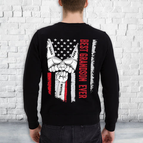 Personalized T-Shirt For Grandson Boy From Grandpa Grandma Unique Grandsons Gifts Vintage Grandson Ever Fist Bump Flag Custom Name Short Sleeve Tee Shirt For Birthday Graduation