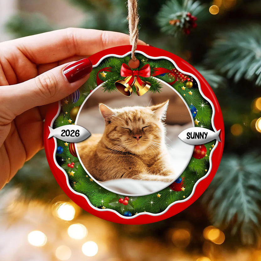 Cat Lovers Gifts, Xmas Frame Custom Photo Cat Cute With Name & Year, Pet Christmas Keepsake, Custom Picture Holiday Decoration Tree Decor Ornament Xmas Tree Decor, Gifts For Fur Parents