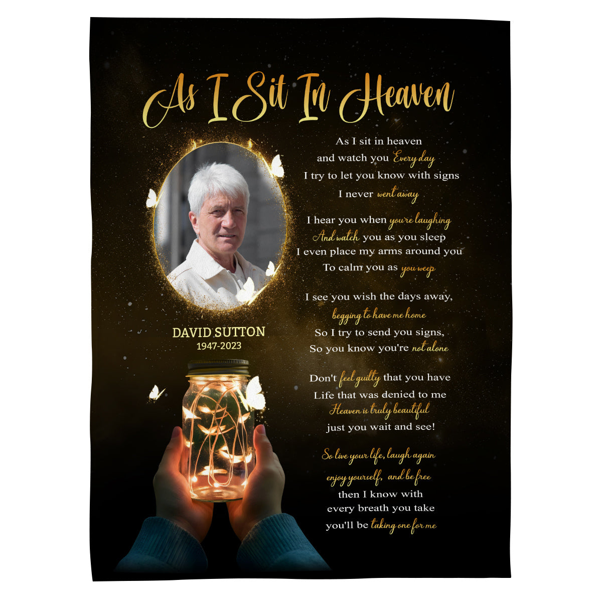 Sympathy Gifts, Personalized Memorial Blanket With Photo, Remembrance Blanket, Memorial Message From Above, Heaven Remembrance, Glowing Jar With Butterflies, Portrait Tribute Style
