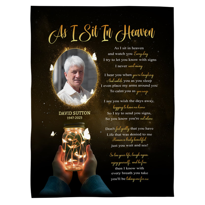 Sympathy Gifts, Personalized Memorial Blanket With Photo, Remembrance Blanket, Memorial Message From Above, Heaven Remembrance, Glowing Jar With Butterflies, Portrait Tribute Style