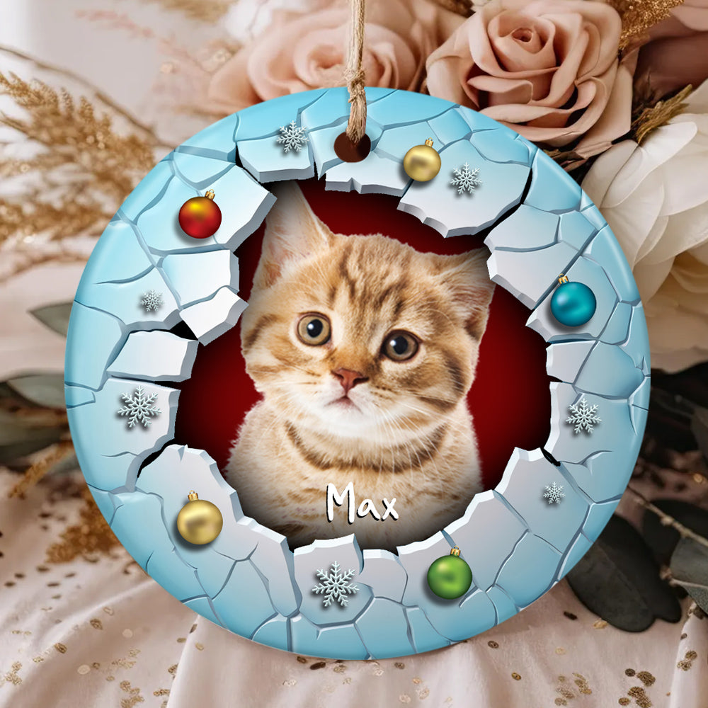Fluffy Cat Christmas Ornament 3d Break Through Circle Circle Ceramic/ Plastic Design, Custom Name Pet Decoration, Holiday Keepsake Gifts, Personalized Christmas Ornament, Gifts For Cat