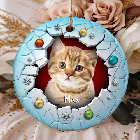 Fluffy Cat Christmas Ornament 3d Break Through Circle Circle Ceramic/ Plastic Design, Custom Name Pet Decoration, Holiday Keepsake Gifts, Personalized Christmas Ornament, Gifts For Cat