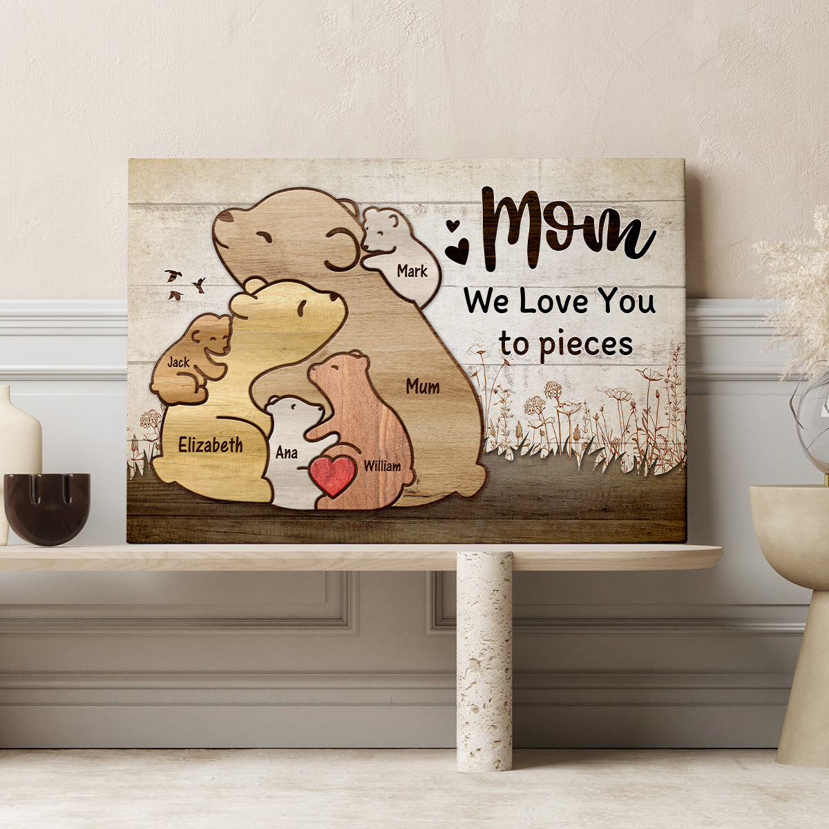 Gifts For Mom, Cute Wooden Pieces Bears Mommy With 5 Kids Hugging, Personalized Canvas Wall Art, Gifts For Mommy Women From Kids Children, Poster Prints Wall Decor, Gifts For Xmas