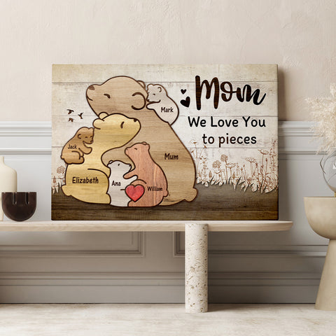 Gifts For Mom, Cute Wooden Pieces Bears Mommy With 5 Kids Hugging, Personalized Canvas Wall Art, Gifts For Mommy Women From Kids Children, Poster Prints Wall Decor, Gifts For Xmas