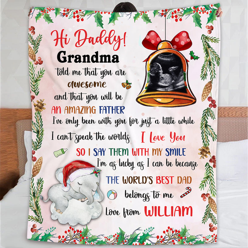 Unique Gifts For New Dad, Grandma Told Me That You Are Awesome Elephant And Sonogram Bell, Personalized Blanket, Gifts For 1st Time Dad, Fleece Sherpa, New Dad Blanket, Gifts For Xmas