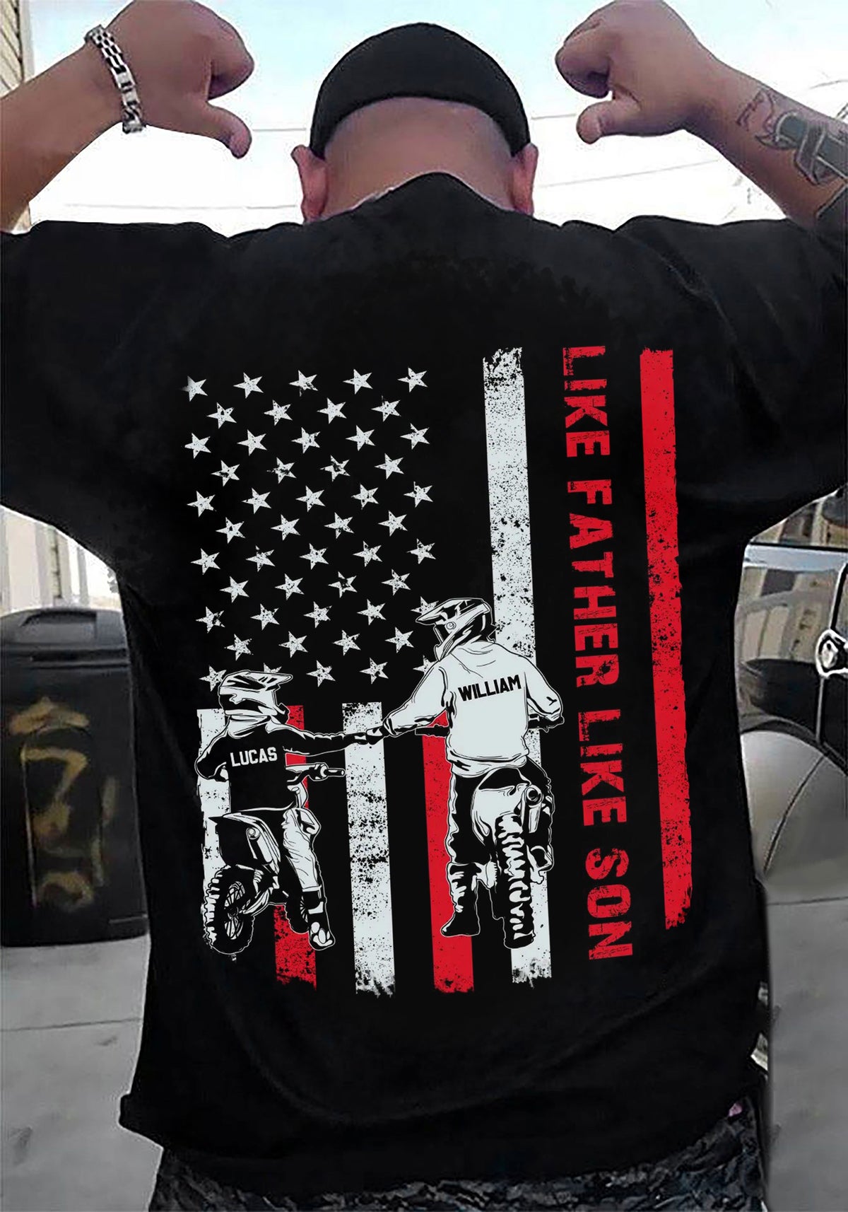 Personalized T-Shirt For Daddy From Children Gifts For Dad Like Father Like Son Like Daughter Motocross Biker Flag Back Side Printed Custom Name Short Sleeve Tops Tee Shirt