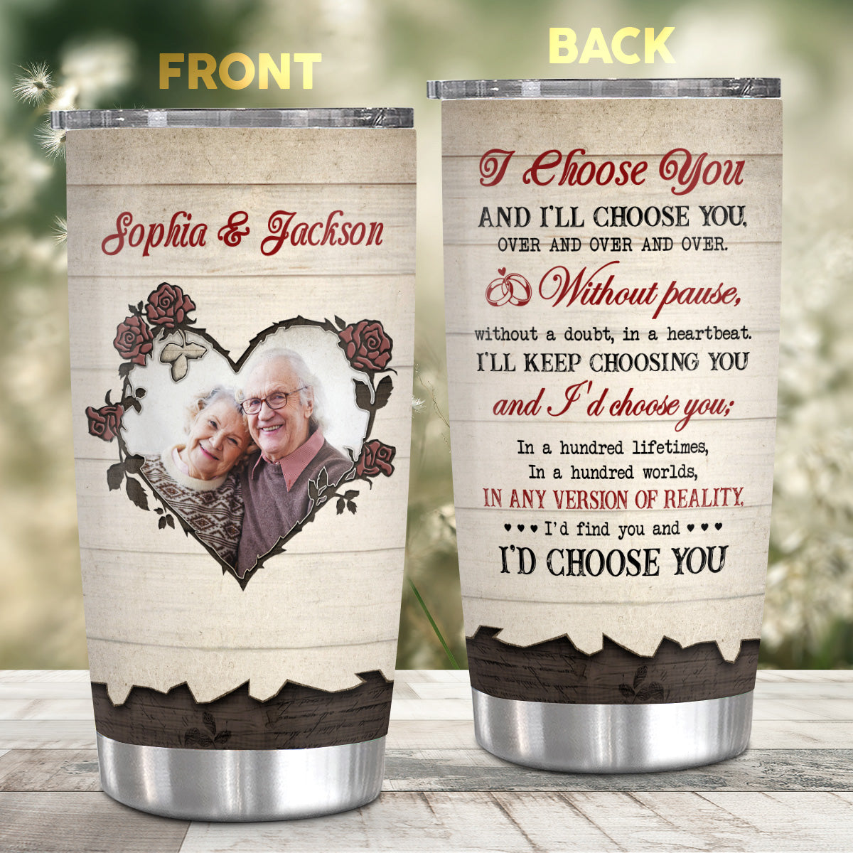 His And Hers Gifts, I'd Choose You Romantic Couple Flowers Heart Frame Wooden, Personalized Photo Tumbler, Gifts For Him Her From Darling, 20oz With Lid Travel Cup For Valentine