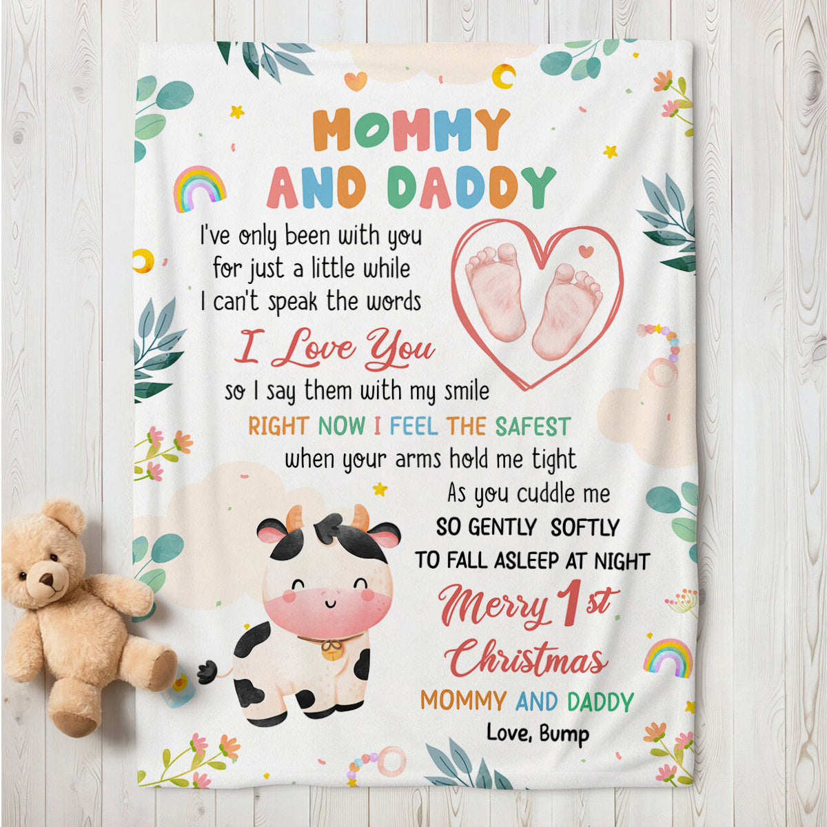 Merry 1st Christmas Mommy Daddy I've Only Been With You A While Footprint Baby Cow, Personalized Blanket, Gifts For New Parents, Fleece Sherpa Blanket, New Parents For Xmas Christmas