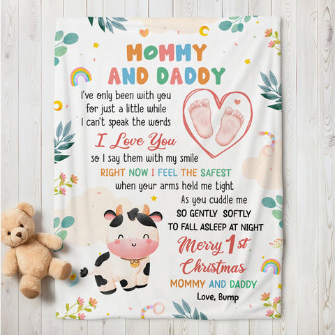 Merry 1st Christmas Mommy Daddy I've Only Been With You A While Footprint Baby Cow, Personalized Blanket, Gifts For New Parents, Fleece Sherpa Blanket, New Parents For Xmas Christmas