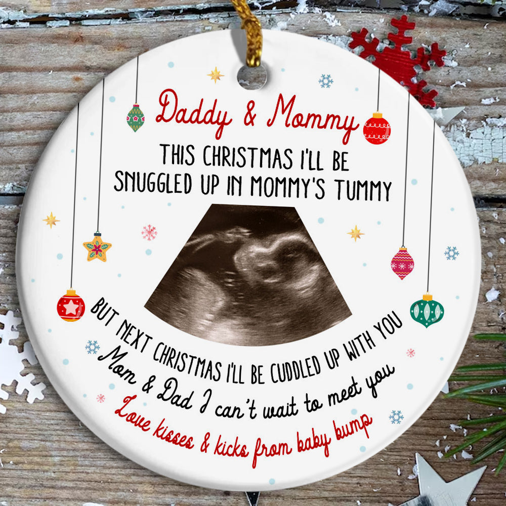 Daddy & Mommy Ultrasound Ornament, Snuggled In Mommy’s Tummy Quote, Pregnancy Reveal Xmas Gift, Custom Sonogram Photo Baby Bump Keepsake