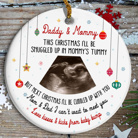 Daddy & Mommy Ultrasound Ornament, Snuggled In Mommy’s Tummy Quote, Pregnancy Reveal Xmas Gift, Custom Sonogram Photo Baby Bump Keepsake
