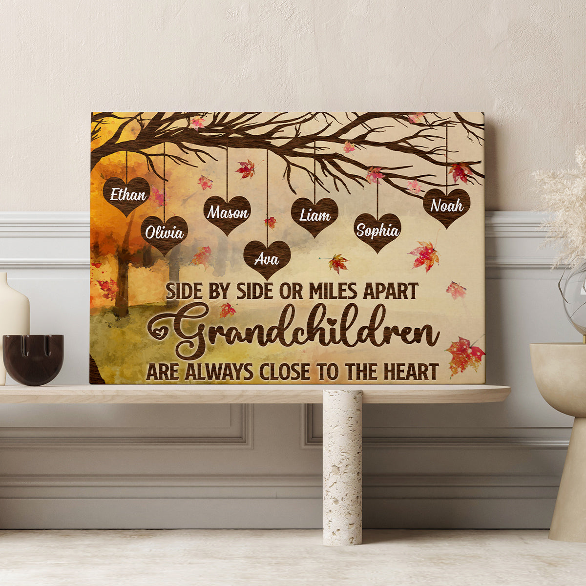 Grandma Gifts, Side By Side Or Miles Apart Grandchildren Are Always Close To The Heart Autumn Tree Heart With Names Canvas Wall Art, Gifts For Nana From Grandkids, Poster Prints Wall