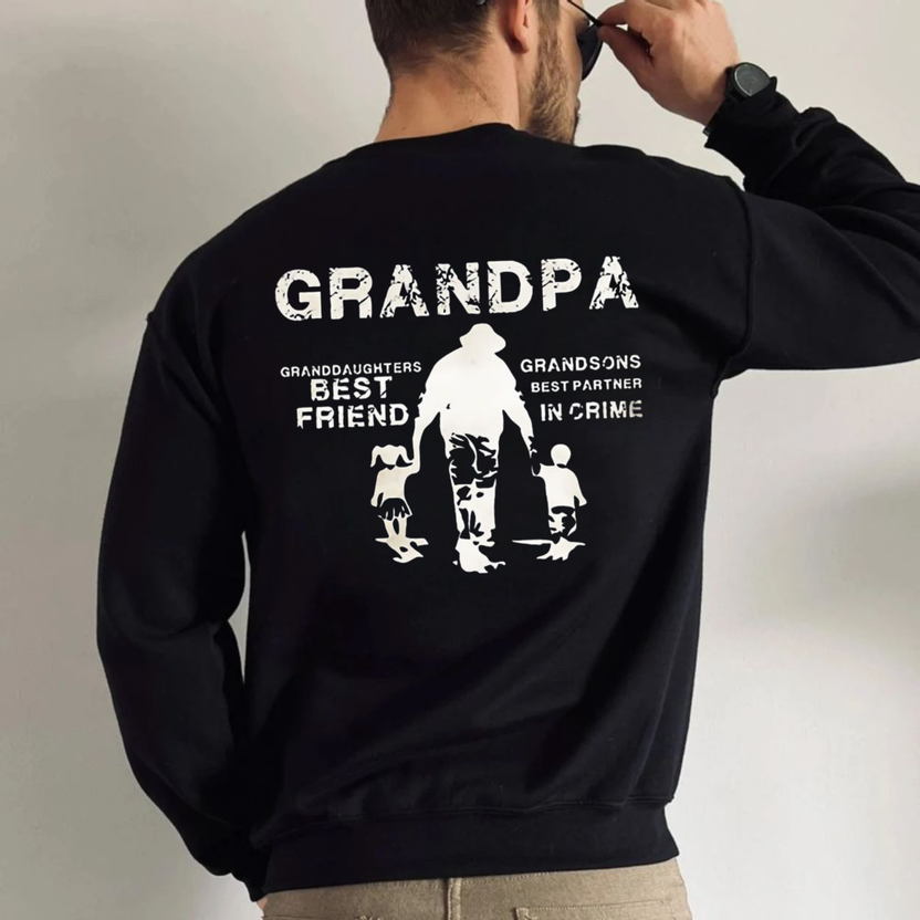 Grandpa Back Print T Shirt, Granddaughters B*St Friend Grandsons B*St Partner In Crime Shirt, Grandfather Gift, Fathers Day Gift For Men, Unisex Crewneck Pullover Tee, Classic Streetwear