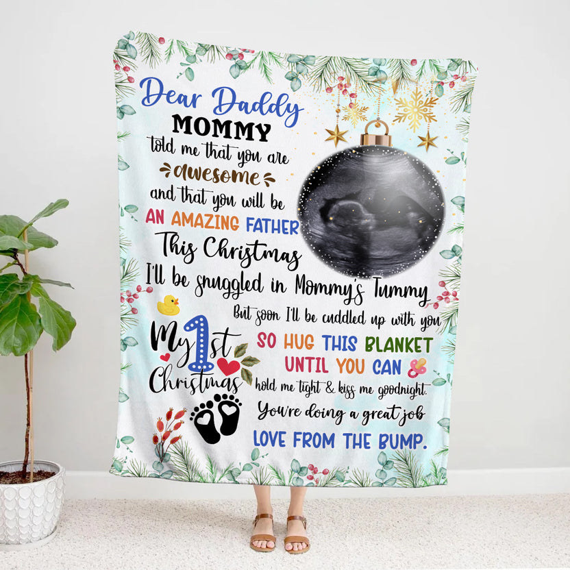 Dear Daddy Mommy Tole Me You're Awesome Baby Ultrasound With Ball Hanging Tree, Dear Daddy First Christmas Blanket, Holiday Father To Be, Personalized Blanket With Photo, Gifts To Dad
