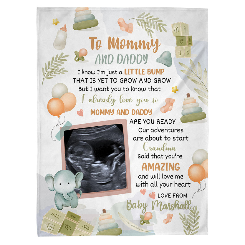 Cute Baby Elephant Hi Mommy And Daddy Blanket Custom Ultrasound Picture For Mom To Be New Dad From Baby Bump For Mommy, Fleece Sherpa Blanket Pregnancy Gifts Ideas Mothers Day