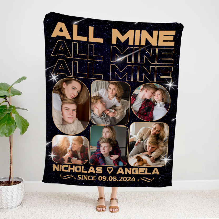 All Mine Photo Collage Blanket, Personalized Name And Year, Black With Multiple Couple Photos Gifts For Him Her Custom Fleece Sherpa Blanket, Gifts For Valentine Anniversary