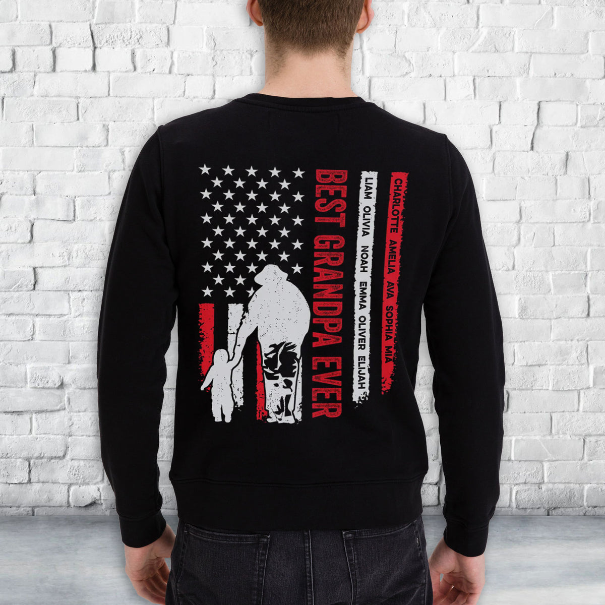Personalized Shirt For Poppy From Grandchildren Custom Name Grandpa Ever Flag Back Side Printed T-Shirt Grandpa Gifts Shirts For Men Family On Christmas Xmas Hoodie Long Sleeve