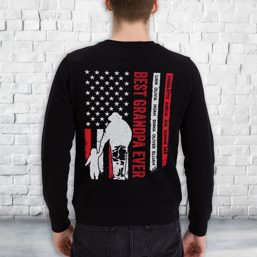 Personalized Shirt For Poppy From Grandchildren Custom Name Grandpa Ever Flag Back Side Printed T-Shirt Grandpa Gifts Shirts For Men Family On Christmas Xmas Hoodie Long Sleeve