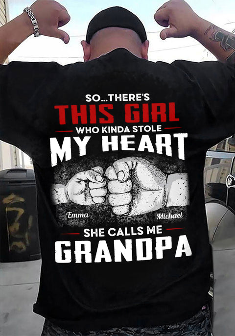 Personalized T-Shirt For Papa From Granddaughter Grandson Girl Who Kinda Stole Heart Custom Name Grandpa Gifts Ideas Short Sleeve Tops Tee Shirt For Men Family On Birthday Xmas Fathers Day