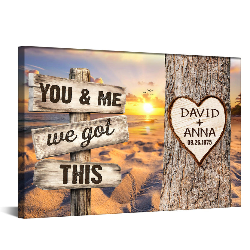 You & Me, We Got Rustic Wood Sign With Tree Heart & Sunset Beach, Personalized Canvas Wall Art, Gifts For Him Her, Poster Prints Wall Decor, Gifts For Valentine Anniversary