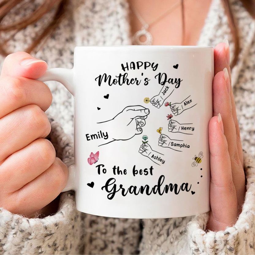Personalized Coffee Mug For Grandmother From Grandkids Cute Hand With Flower Butterflies Custom Name White Ceramic Cup 11 15Oz Gifts Ideas For Grandma On Birthday Mothers Day Valentines Day