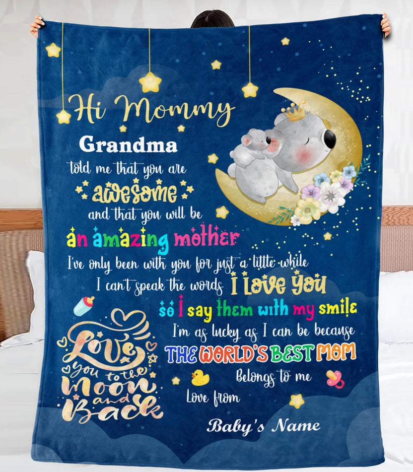 Personalized Blanket For 1St Time Mother From Baby Hi Mommy Grandma Told Me That Elephant 1St Mother's Day Cute Sleeping Custom Name Pregnant Mom Gifts Fleece Sherpa Blanket For Birthday