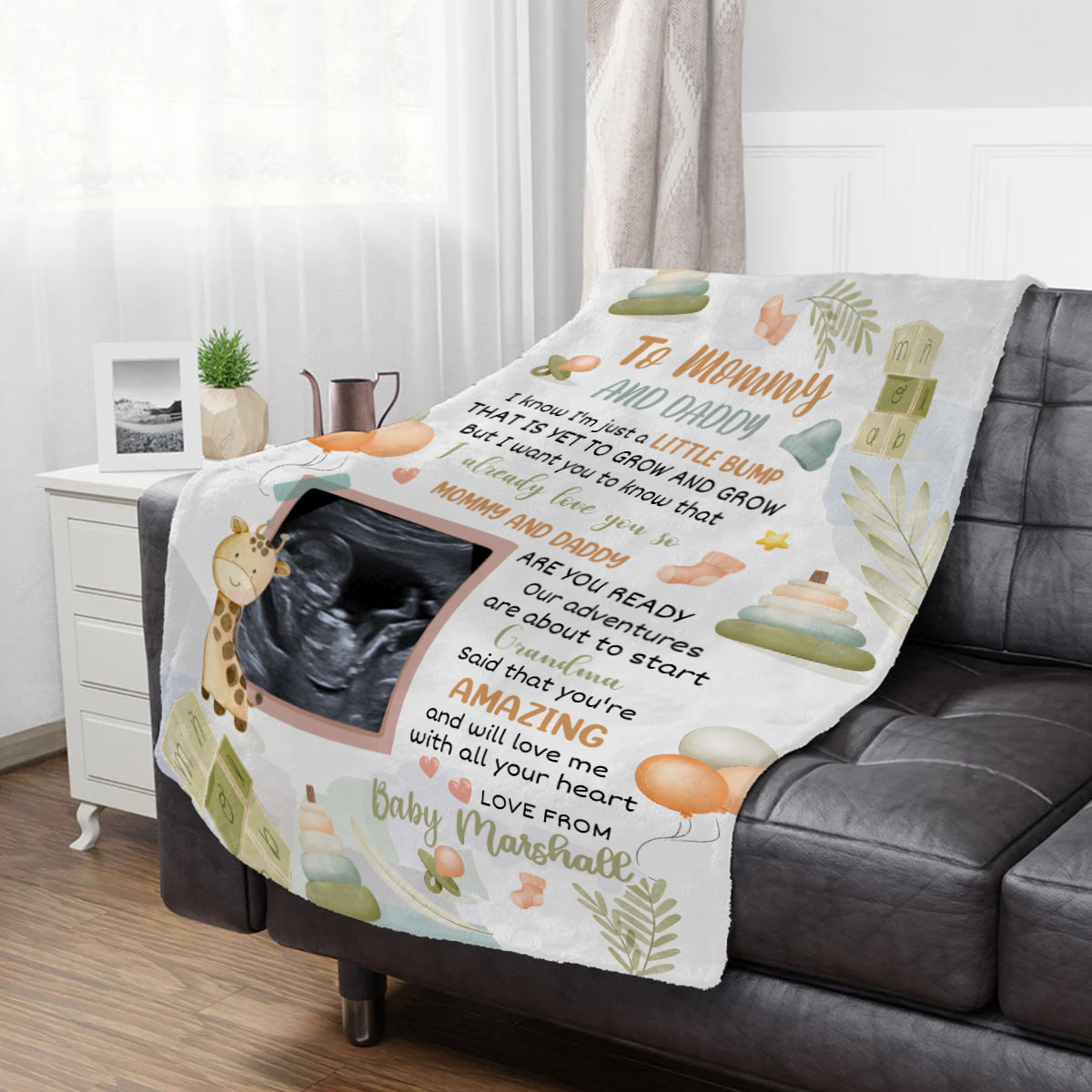Cute Giraffe Hi Mommy And Daddy Blanket Custom Ultrasound Picture For Mom To Be New Dad From Baby Bump Personalized Blanket