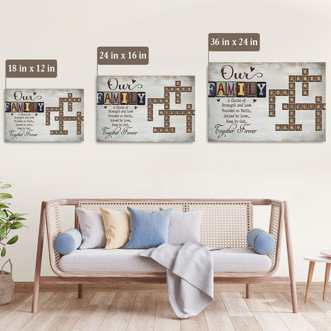Our Family A Circle Of Strength And Love, Founded On Faith Crossword Art Poster, Personalized Canvas Wall Art, Gifts For Mom Dad, Poster Prints Home Decor, Family Wall Hanging