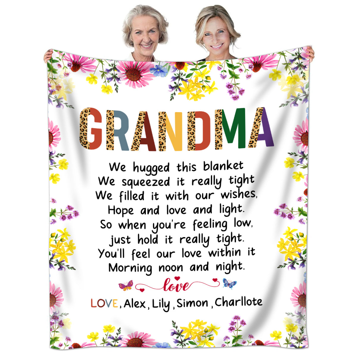 Grandma Family Blanket, Floral Frame Poem Message, Butterflies Accents, Comfort Theme, Personalized Name Option, Personalized Blanket, Gifts For Nana From Grandkids, Custom Fleece