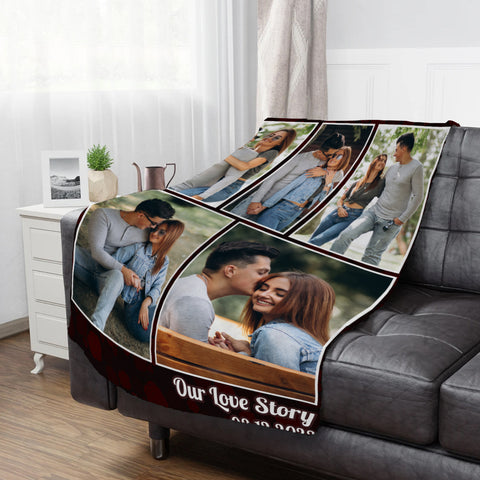 Personalized Photo Blanket, “Our Love Story” Couple Blanket, Custom Names Date Throw, Romantic Anniversary Gift, Cozy Fleece Memory Blanket