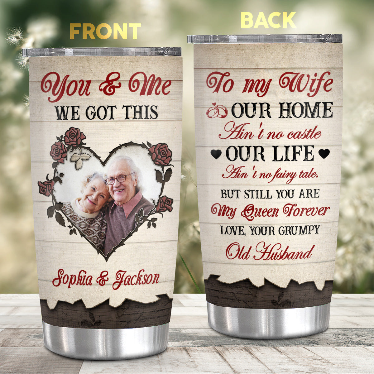 You Me Got This Old Couple Romantic Roses Heart Frame Wooden, Personalized Photo Tumbler, Gifts For Him Her From Honey, Insulated 20oz Travel Cup, Gifts For Valentine