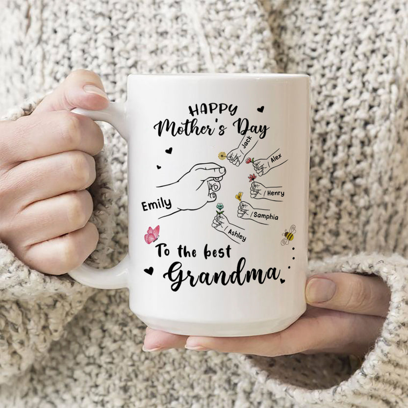 Personalized Coffee Mug For Grandmother From Grandkids Cute Hand With Flower Butterflies Custom Name White Ceramic Cup 11 15Oz Gifts Ideas For Grandma On Birthday Mothers Day Valentines Day