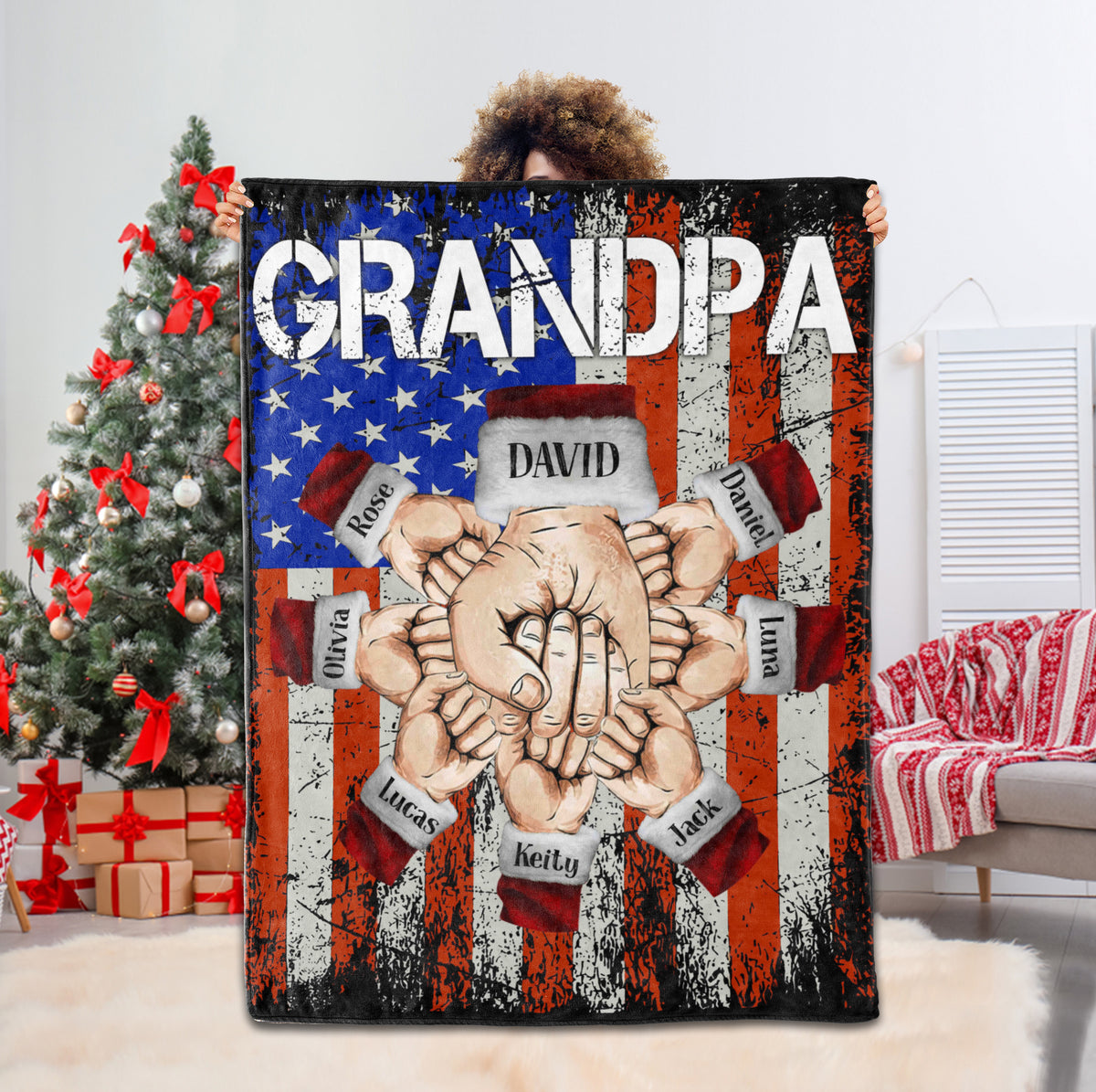 Personalized Blanket For Grandfather Poppy From Grandchildren Poppy Fist Bump Holding Hand With Heart Flag Custom Name Grandpa Gifts Ideas Fleece Sherpa Blanket For Christmas Couch Bed Sofa
