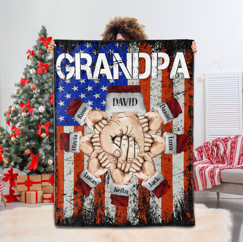 Personalized Blanket For Grandfather Poppy From Grandchildren Poppy Fist Bump Holding Hand With Heart Flag Custom Name Grandpa Gifts Ideas Fleece Sherpa Blanket For Christmas Couch Bed Sofa