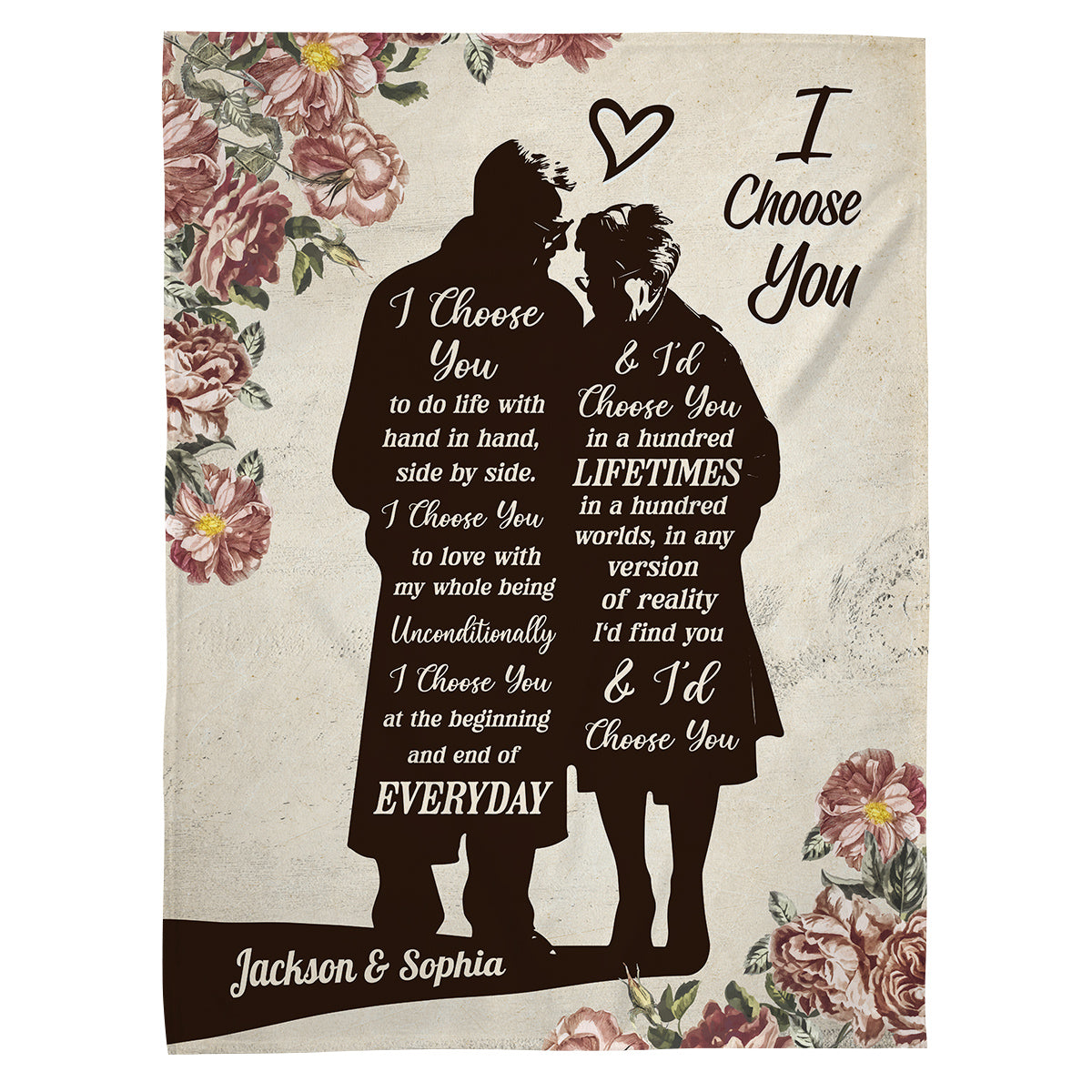 Old Couple Silhouette Vintage I'd Find You & I'd Choose You Floral Printed, Personalized Blanket, Gifts For Him Her