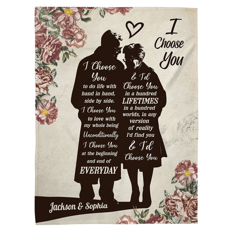 Old Couple Silhouette Vintage I'd Find You & I'd Choose You Floral Printed, Personalized Blanket, Gifts For Him Her