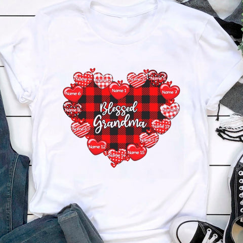 Personalized Shirt For Nana Mimi From Grandchildren Grandma Sweethearts Red Black Plaid Hearts Custom Name  Short Sleeve Tops Tee T-Shirt For Birthday Valentines Day Winter Holiday