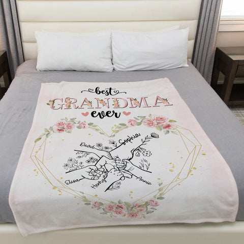 Grandma Gifts, Grandma Ever Hand In Hand Flowers Funny, Personalized Blanket, Gifts For Grandma Nana From Grandkids, Custom Fleece Sherpa Blanket, Gifts For Birthday Mother's Day