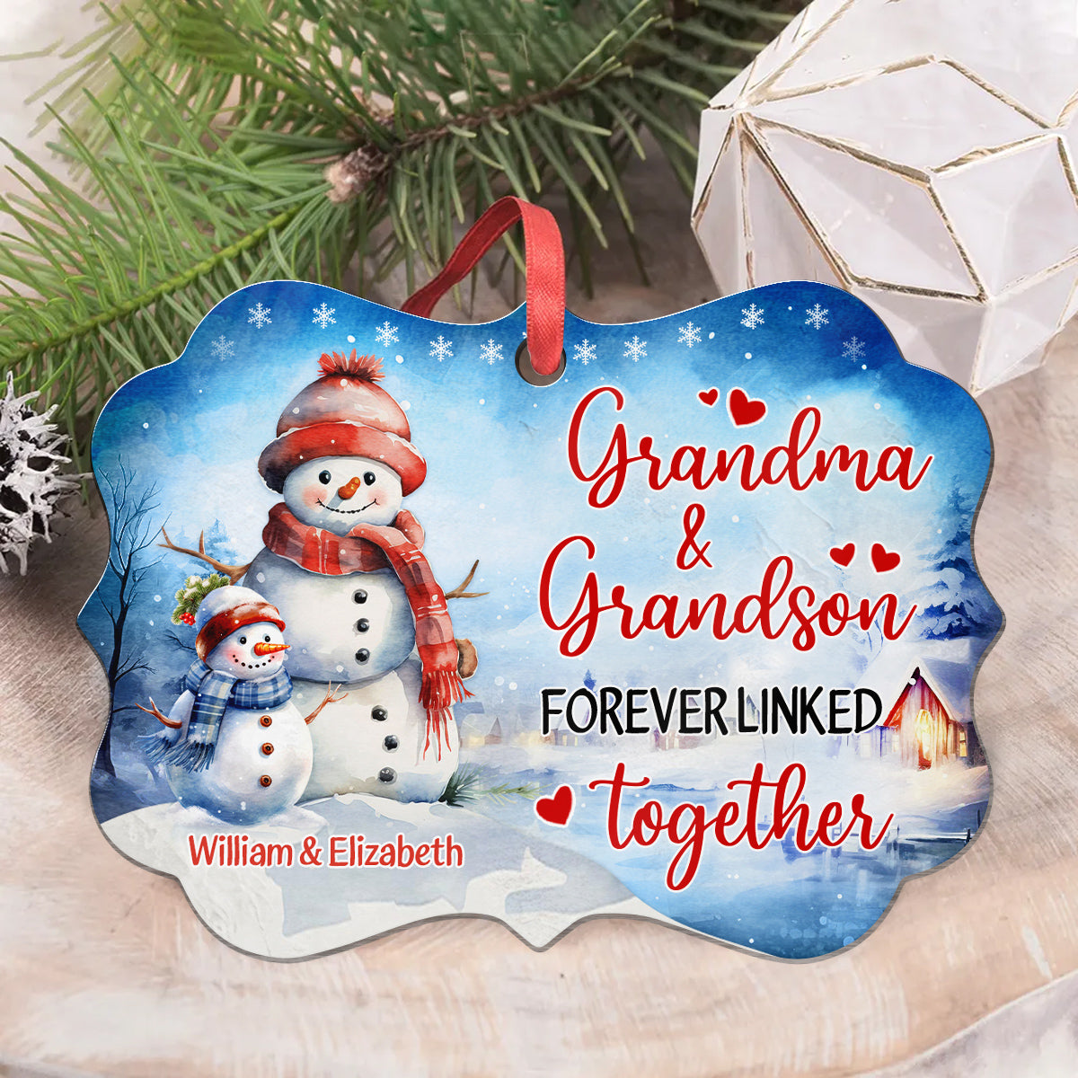 Grandma Gifts, Cute Xmas Winter Grandma & Grandson Forever Linked Together, Personalized Ornament, Gifts From Grandchildren